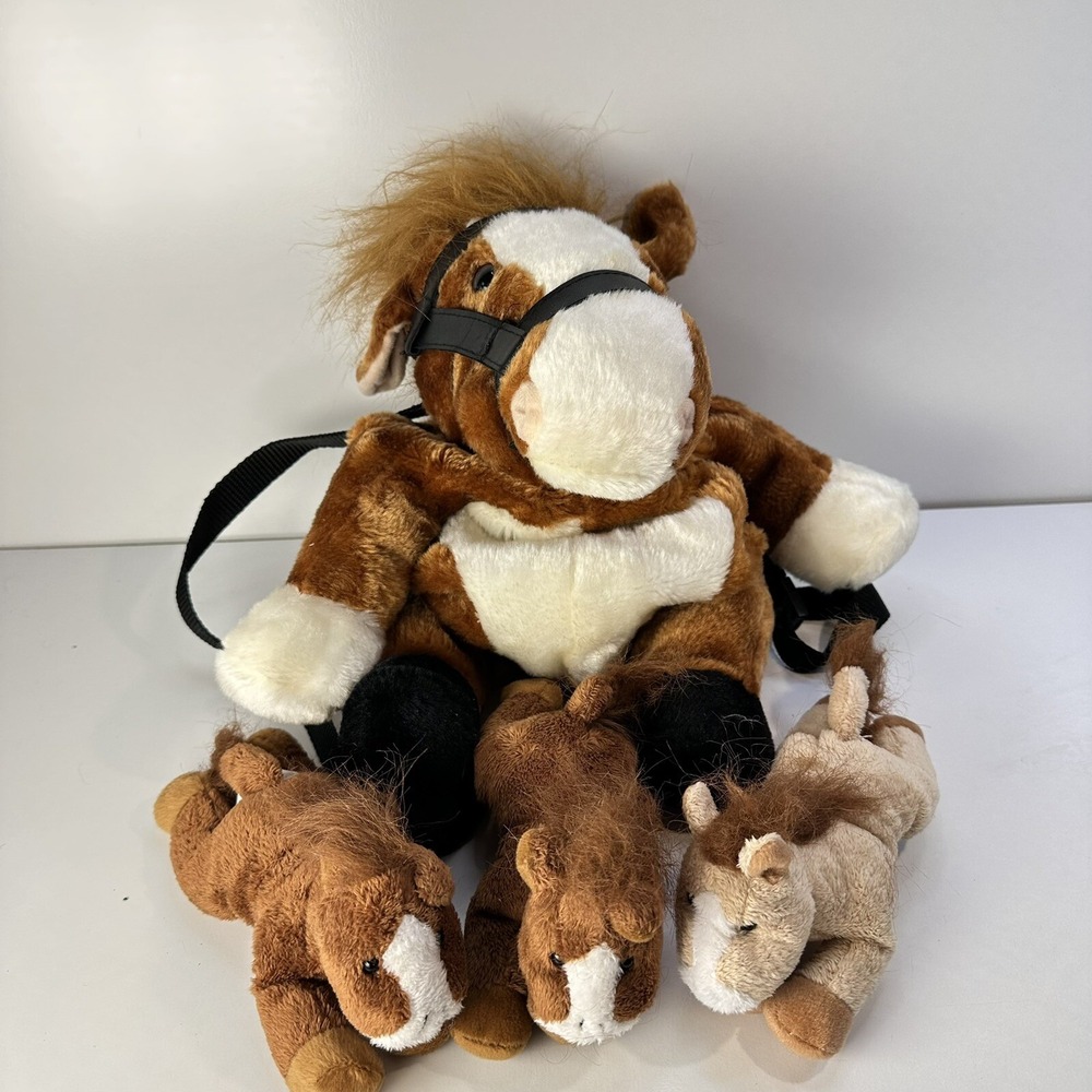 Vintage? Horse Pony Plush Zipper Backpack with 3 Babies Rare With Bridle Clean